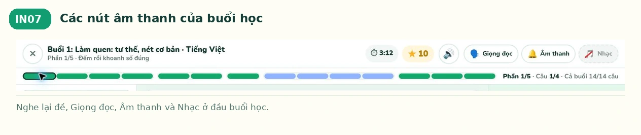 Các nút âm thanh của buổi học trên Bé Ham Học