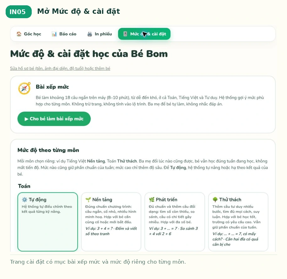 Mở Mức độ & cài đặt trên Bé Ham Học