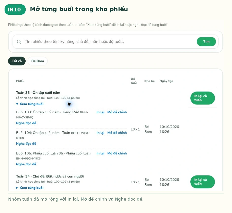 Mở từng buổi trong kho phiếu trên Bé Ham Học