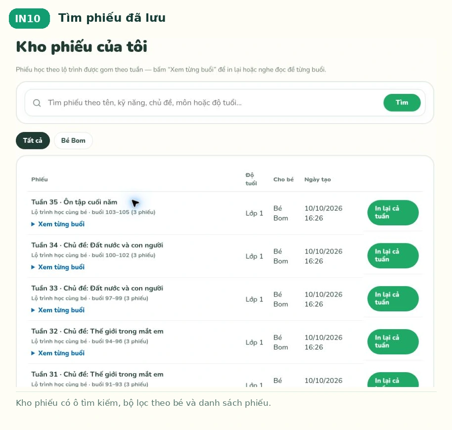 Tìm phiếu đã lưu trên Bé Ham Học