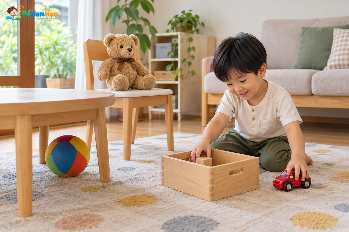 Bé thao tác với hộp, đồ chơi và bàn để học vị trí